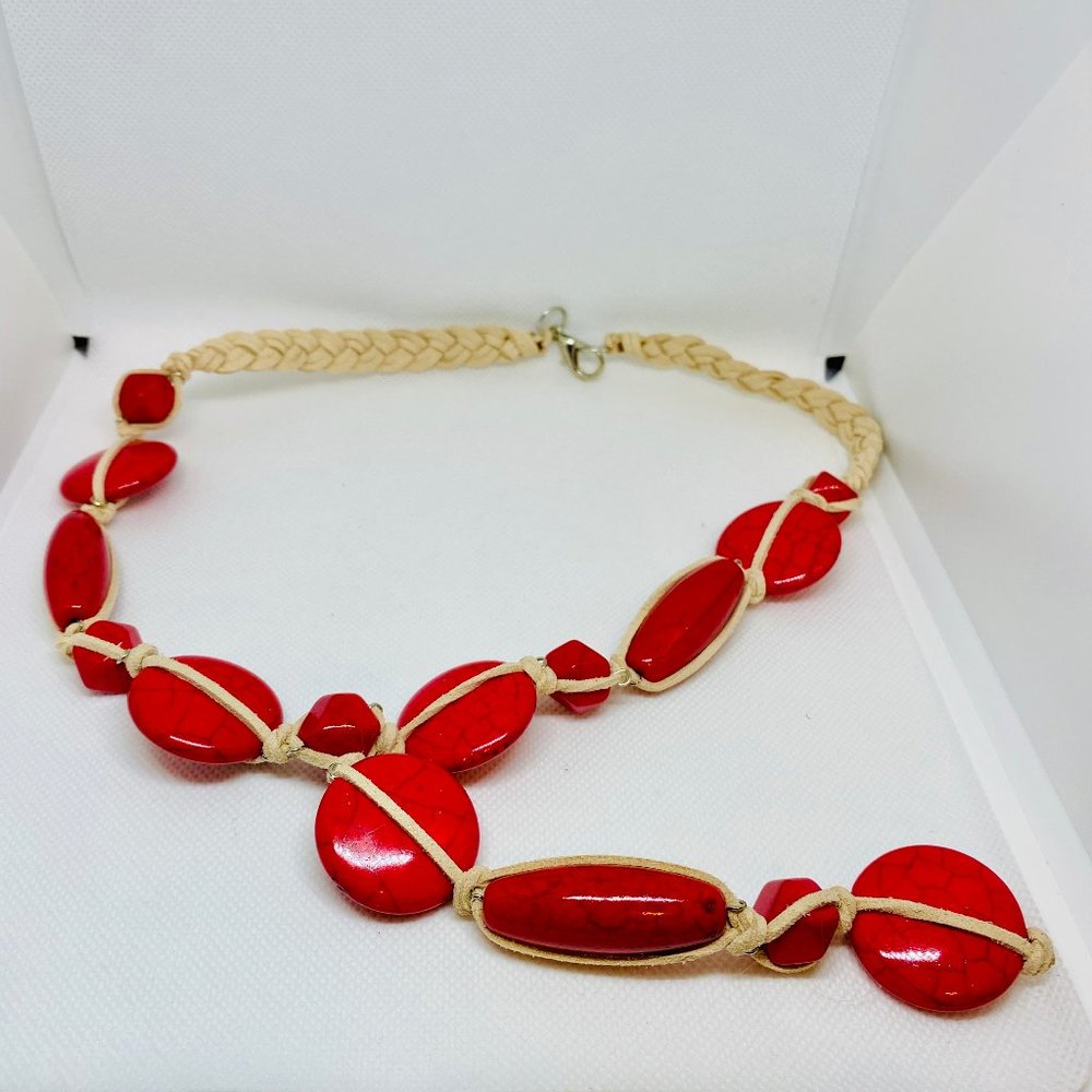 Suede Wrapped Red Howlite Stone  Y Necklace